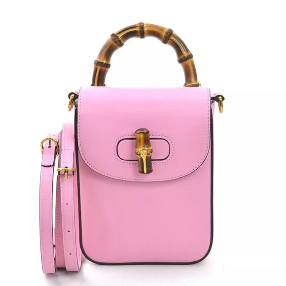 Auth GUCCI Bamboo Crossbody Shoulder Bag Backpack Pink Leather - Picture 1 of 15